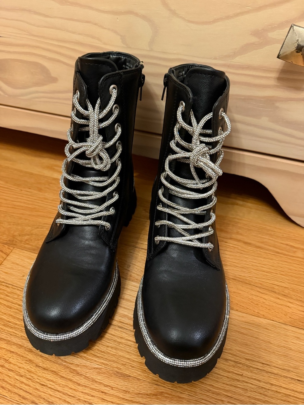 BAMBOO Black Combat Boots with Silver Rhinestone Laces